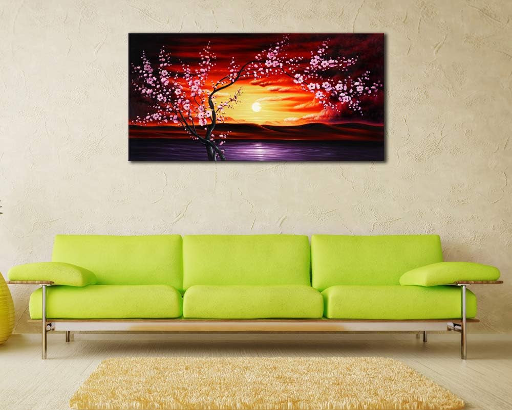 Plum Tree Blossom Flowers Extra Large Gallery Wrapped Giclee Canvas Prints Floral Landscape Pictures Paintings on Canvas Wall Art Ready to Hang for Living Room Home Decor 24X48 Inch XL