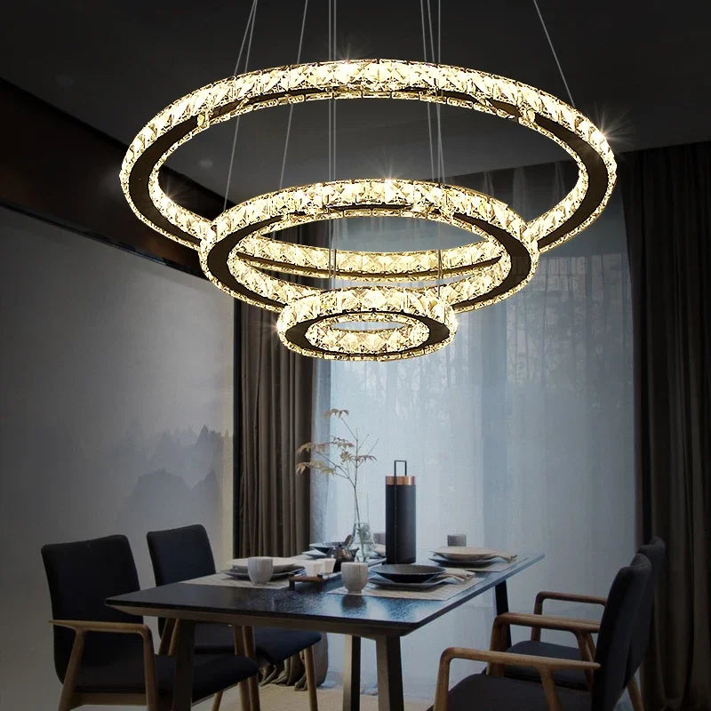 Modern LED K9 Crystal Chandelier Lights for Living Room Rings Crystal Chandelier Lighting Pendant Hanging Ceiling Fixtures