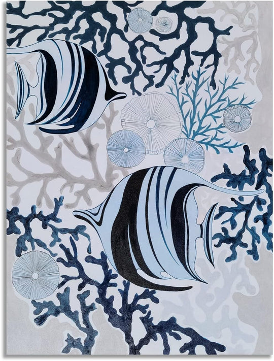 Fish Canvas Wall Art with Textured - Abstract Coastal Paintings - Modern Sea Life Pictures - Nautical Artwork for Living Room Bedroom Bathroom Decor