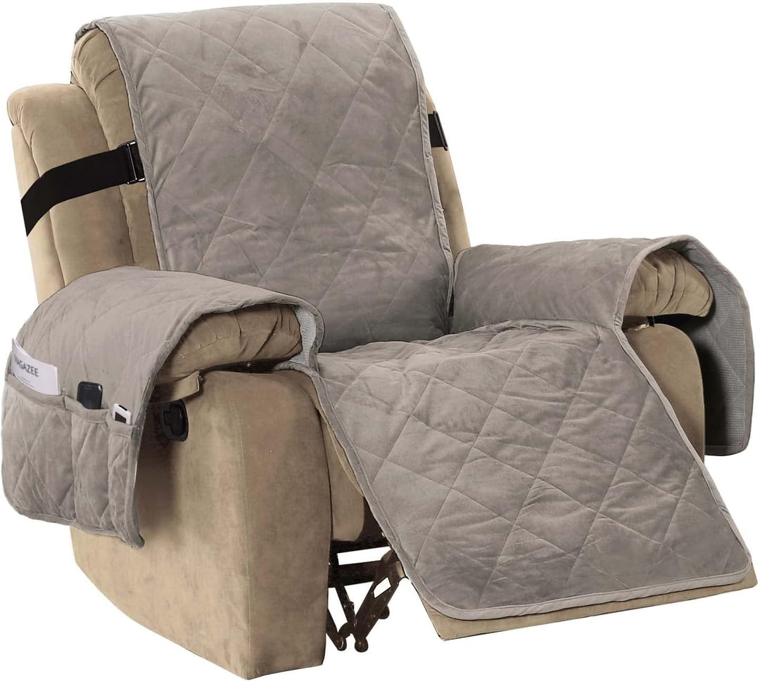 Thick Velvet Quilted Recliner Covers for Recliner Chair Covers Reclining Chair Slipcover Recliner Couch Cover with Non Slip Backing and Wider Elastic Strap (Oversaized Recliner, Taupe)