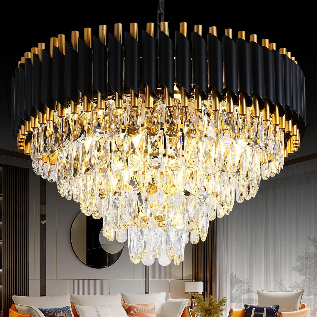 Gold Crystal Chandelier Contemporary, 24" Modern Living Room Chandeliers, K9 Crystal Ceiling Lights Fixtures, round 5 Tiers Pendant Lighting Chandelier Black for Entryway Dining Room Staircase