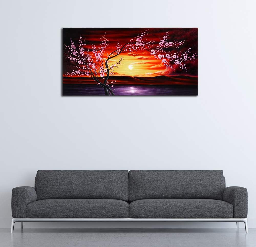 Plum Tree Blossom Flowers Extra Large Gallery Wrapped Giclee Canvas Prints Floral Landscape Pictures Paintings on Canvas Wall Art Ready to Hang for Living Room Home Decor 24X48 Inch XL