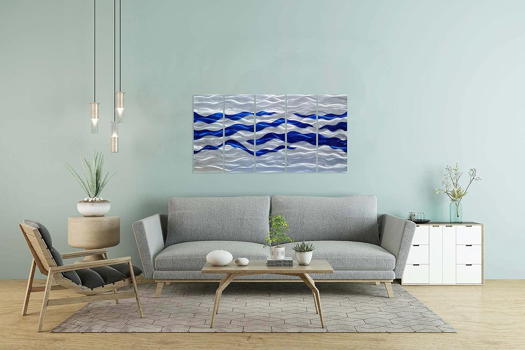 Abstract Coastal Metal Wall Art Handcrafted Big 3D Blue and Silver Artwork Modern Sea Waves Pictures Contemporary Sculpture for Living Room Bedroom Bathroom Decor