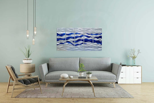 Abstract Coastal Metal Wall Art Handcrafted Big 3D Blue and Silver Artwork Modern Sea Waves Pictures Contemporary Sculpture for Living Room Bedroom Bathroom Decor