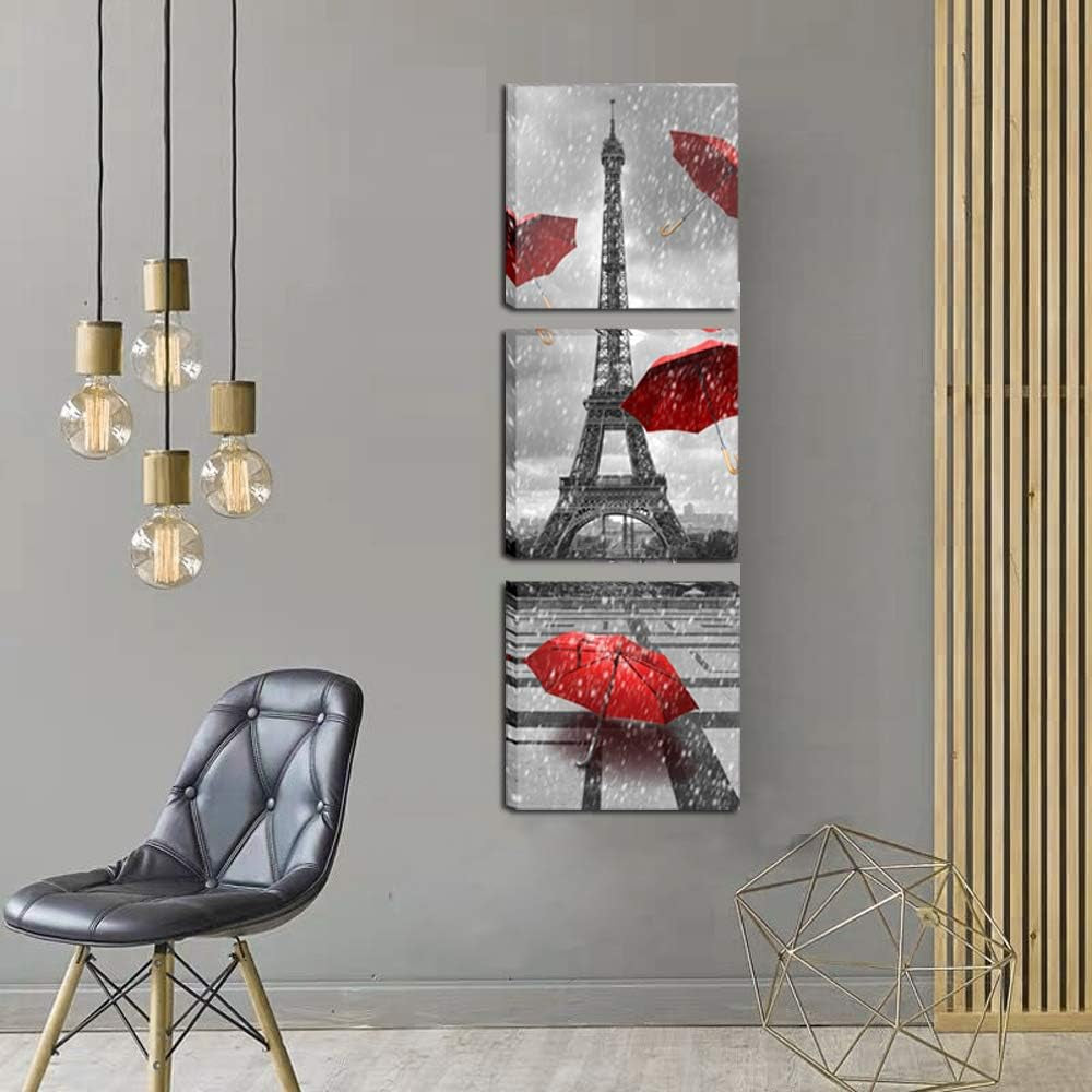 Paris Eiffel Tower Canvas Wall Art Decor Red Umbrellas Poster Prints Pictures Artwork for Bedroom Bathroom Living Room Ready to Hang 12X12Inchx3