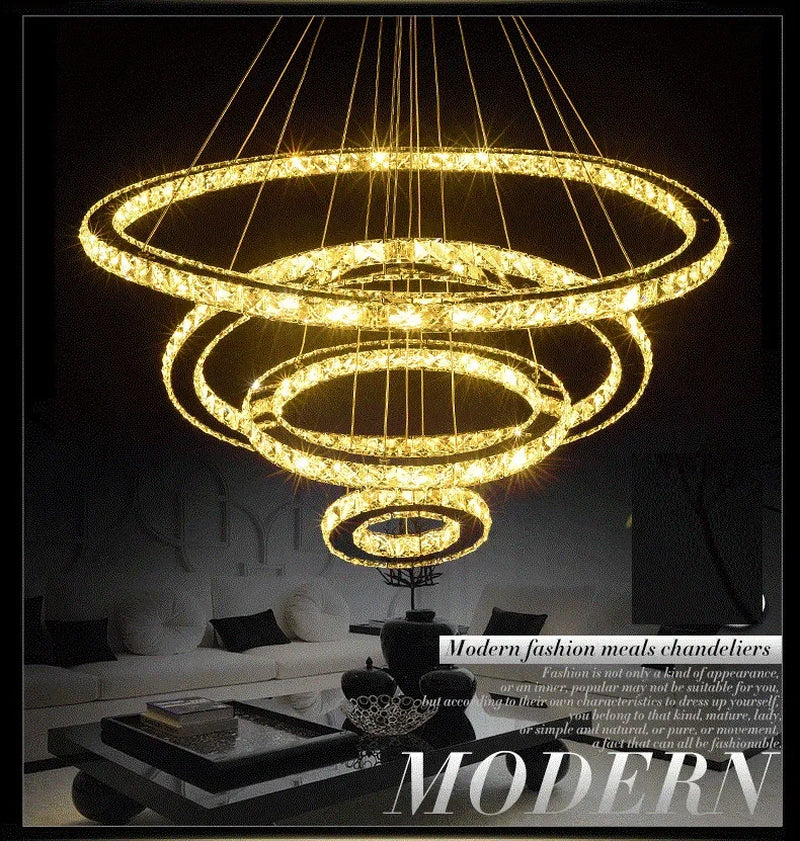 Modern LED K9 Crystal Chandelier Lights for Living Room Rings Crystal Chandelier Lighting Pendant Hanging Ceiling Fixtures