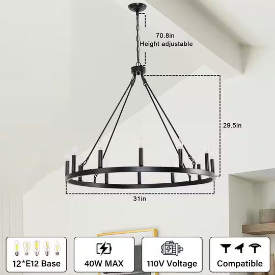 12-Light Wagon Wheel Chandelier, 31 In. Black round Chandeliers Outdoor Porch Light Fixtures