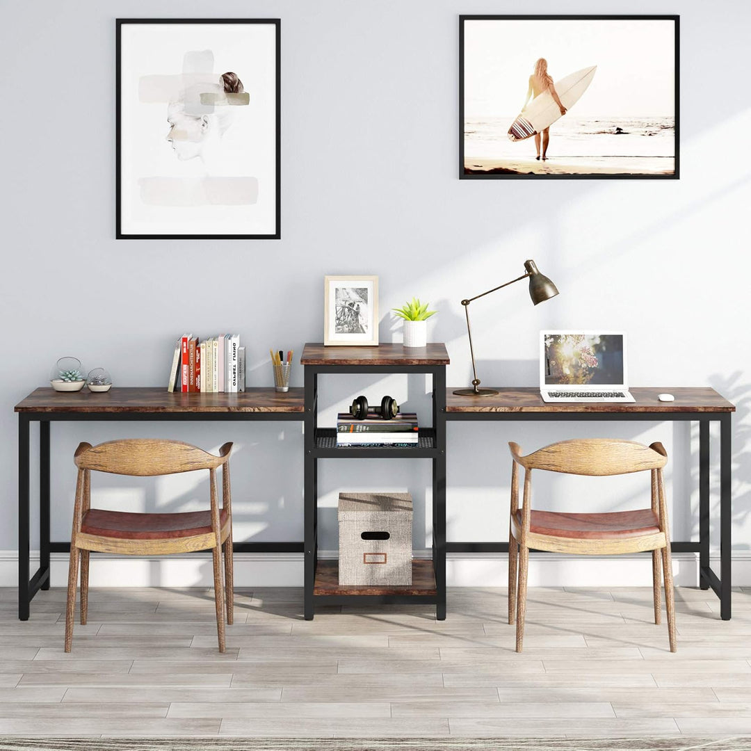 96.9" Double Computer Desk with Printer Shelf, Extra Long Two Person Desk Workstation with Storage Shelves, Large Office Desk Study Writing Table for Home Office, Dark Brown
