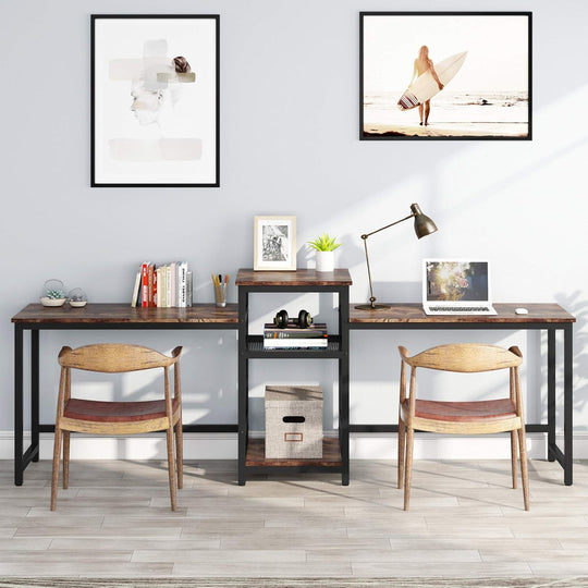 96.9" Double Computer Desk with Printer Shelf, Extra Long Two Person Desk Workstation with Storage Shelves, Large Office Desk Study Writing Table for Home Office, Dark Brown