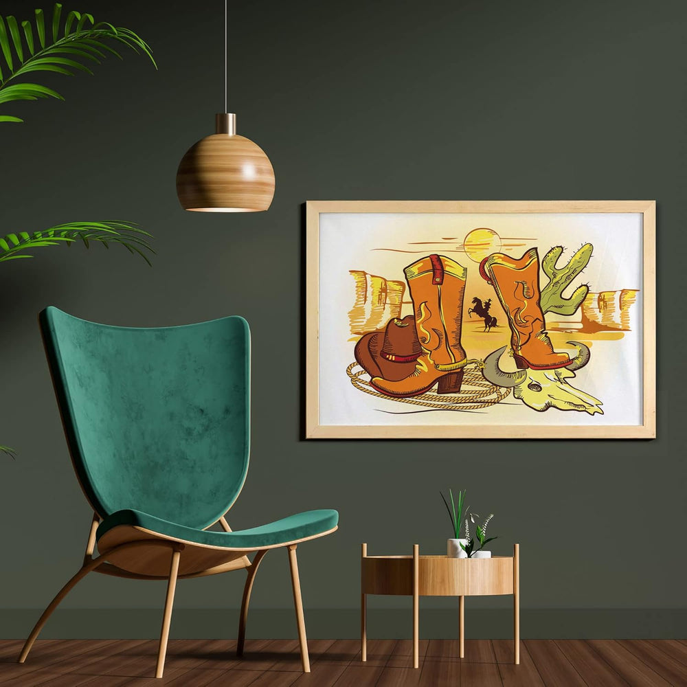 Western Wall Art with Frame, Illustration Old Wild West Elements Shoes and Image of Cowboy Print, Printed Fabric Poster for Bathroom Living Room Dorms, 35" X 23", Yellow Orange