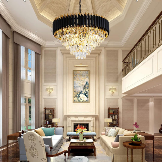 Gold Crystal Chandelier Contemporary, 24" Modern Living Room Chandeliers, K9 Crystal Ceiling Lights Fixtures, round 5 Tiers Pendant Lighting Chandelier Black for Entryway Dining Room Staircase