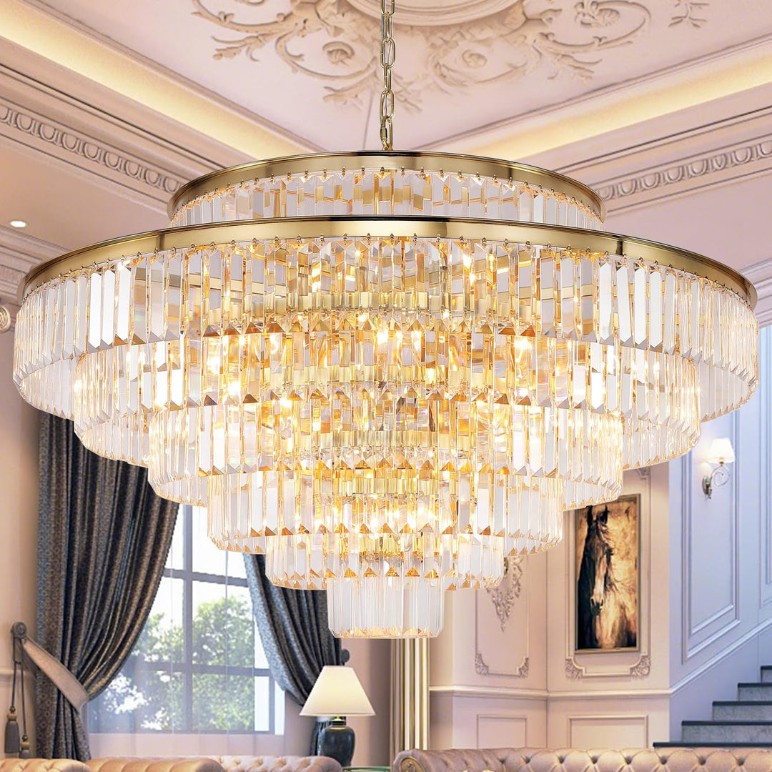 Large Crystal Chandeliers Gold Chandelier Luxury Pendant Ceiling Lights Fixture Hanging Raindrop Pendant Light Fixture for Dining Room Bedroom Living Room, 39 Inch