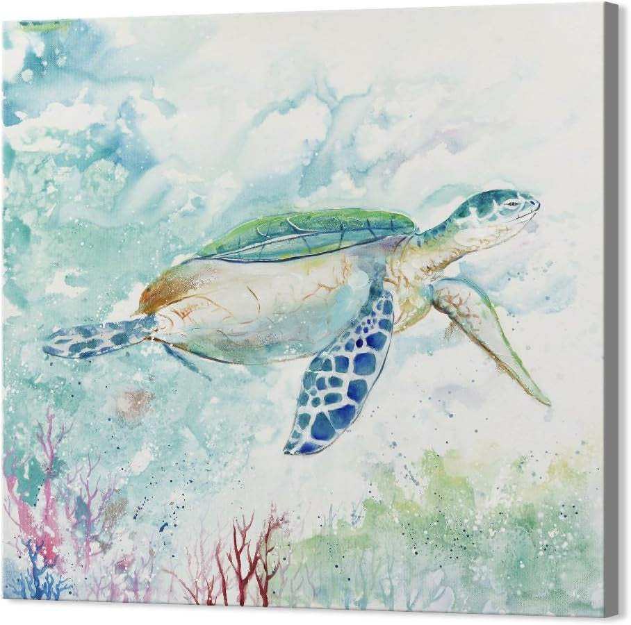 Sea Turtle Wall Art Bathroom Wall Décor Ocean Animal Pictures Painting Blue Green Beach Theme Canvas Print Nautical Coastal Artwork for Bedroom Living Room Office Home Décor