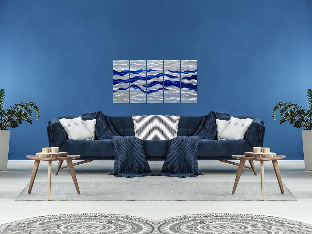 Abstract Coastal Metal Wall Art Handcrafted Big 3D Blue and Silver Artwork Modern Sea Waves Pictures Contemporary Sculpture for Living Room Bedroom Bathroom Decor