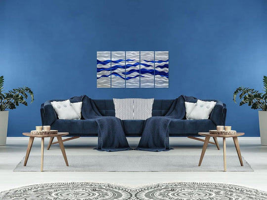 Abstract Coastal Metal Wall Art Handcrafted Big 3D Blue and Silver Artwork Modern Sea Waves Pictures Contemporary Sculpture for Living Room Bedroom Bathroom Decor