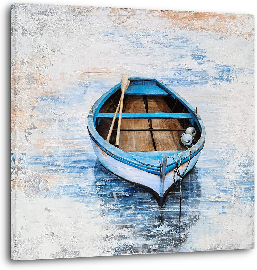Coastal Canvas Wall Decor Hand Painted Light Blue Sailing Boat Painting Square Pictures Modern Abstract Nautical Artwork for Living Room Bedroom Bathroom Decoration