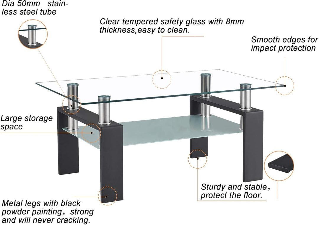 Rectangle Black Glass Coffee Table, Clear Coffee Table, Modern Side Center Tables for Living Room