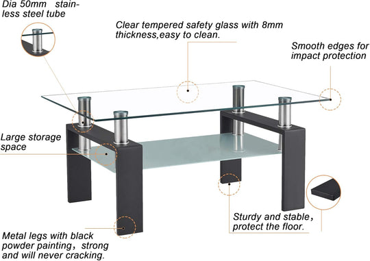 Rectangle Black Glass Coffee Table, Clear Coffee Table, Modern Side Center Tables for Living Room