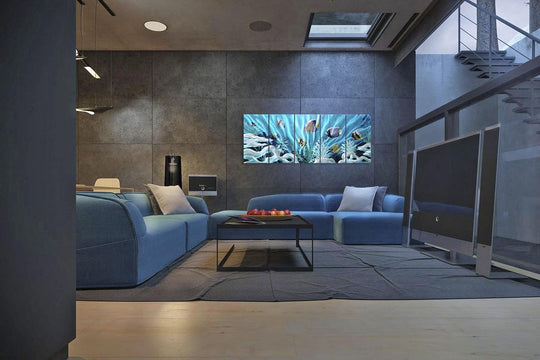 Fish Metal Wall Art Hand Crafted Large 3D Sea Life Pictures Modern Abstract Coastal Aluminum Artwork Contemporary Sculpture for Living Room Bedroom Dinning Decor