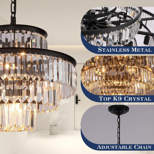 Black Luxury Crystal Chandelier Modern Chandeliers Lights Fixture Hanging Pendant Light Fixture for Dining Room Bedroom Living Room Dia 20 Inch-Black