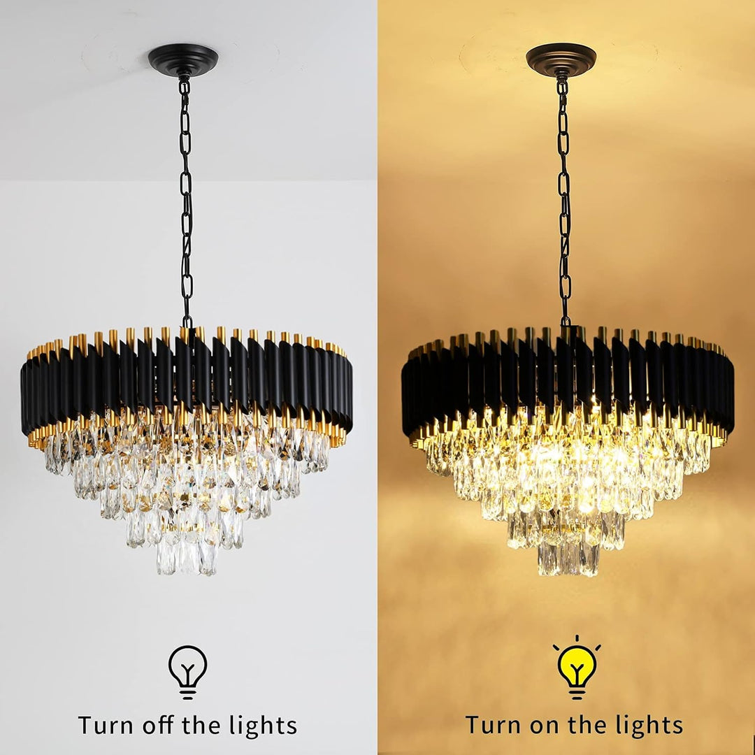 Gold Crystal Chandelier Contemporary, 24" Modern Living Room Chandeliers, K9 Crystal Ceiling Lights Fixtures, round 5 Tiers Pendant Lighting Chandelier Black for Entryway Dining Room Staircase