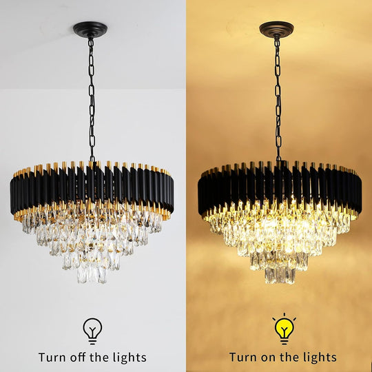 Gold Crystal Chandelier Contemporary, 24" Modern Living Room Chandeliers, K9 Crystal Ceiling Lights Fixtures, round 5 Tiers Pendant Lighting Chandelier Black for Entryway Dining Room Staircase