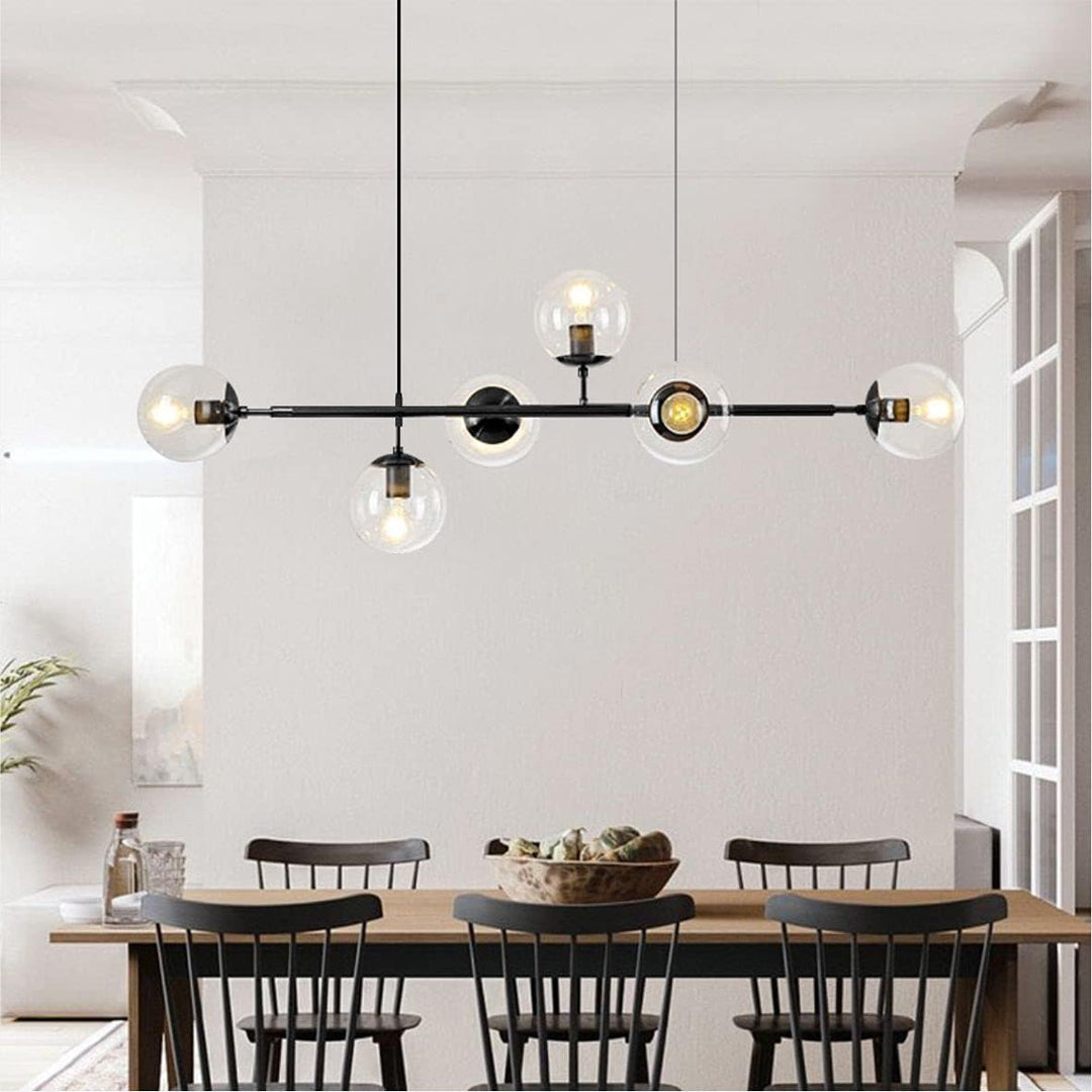 6-Light Clear Glass Globe Pendant Light Mid Century Modern Rectangular Sputnik Chandelier Vintage Black Linear Kitchen Island Dining Pendant Lighting Fixture
