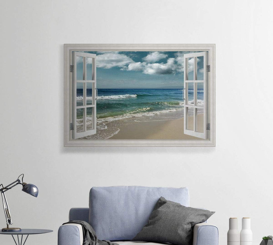 Canvas Nature Wall Art Home Paintings & Prints Artwork Cloudy Ocean Beach Sky Glam Romantic Window View Modern Decorations for Dining Room Office Kitchen - 18"X27" LT21