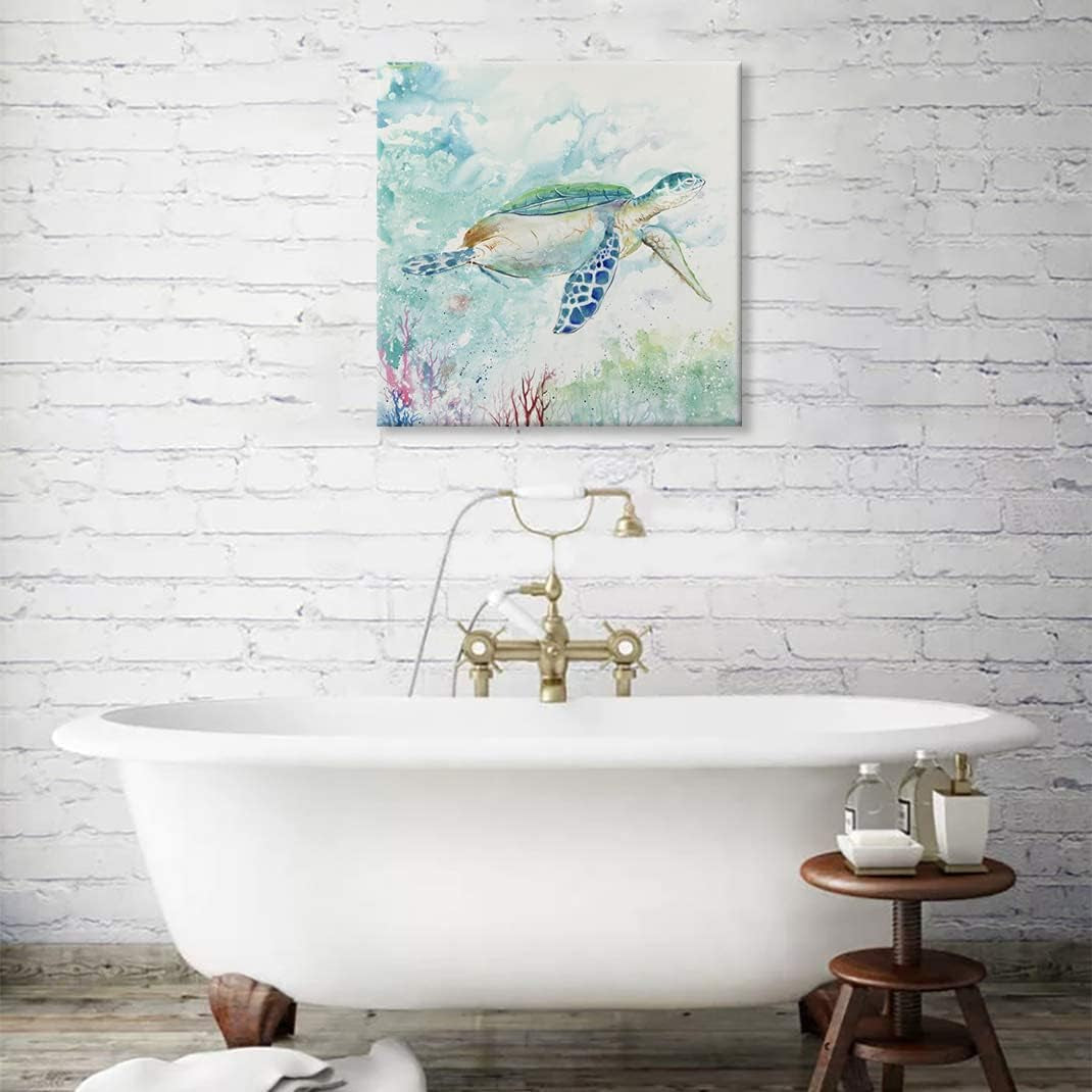 Sea Turtle Wall Art Bathroom Wall Décor Ocean Animal Pictures Painting Blue Green Beach Theme Canvas Print Nautical Coastal Artwork for Bedroom Living Room Office Home Décor