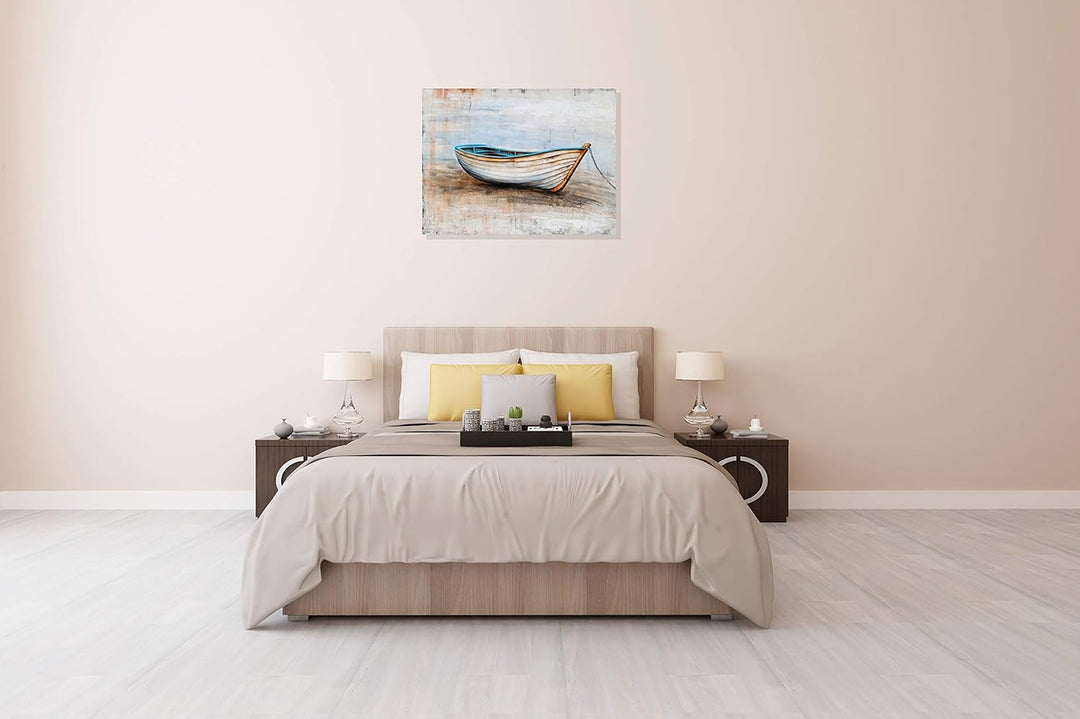 Coastal Canvas Wall Art Hand Painted Boat Still Life Painting Modern Nautical Pictures Aesthetic Artwork for Living Room Bedroom Bathroom Decor
