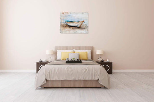 Coastal Canvas Wall Art Hand Painted Boat Still Life Painting Modern Nautical Pictures Aesthetic Artwork for Living Room Bedroom Bathroom Decor