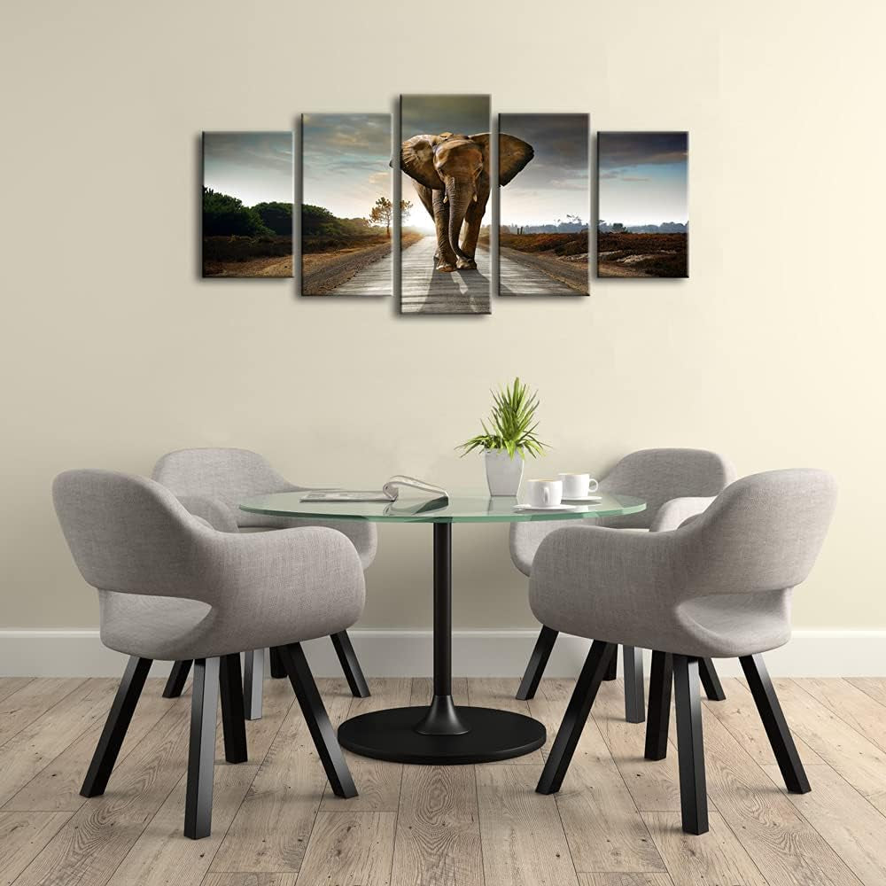 Elephant Canvas Prints Wall Art Animals Pictures to Photo Paintings Decor for Living Room Bedroom Home Decorations 5 Piece Modern Stretched and Framed Grace Grey Landscape Giclee Artwork