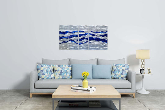 Abstract Coastal Metal Wall Art Handcrafted Big 3D Blue and Silver Artwork Modern Sea Waves Pictures Contemporary Sculpture for Living Room Bedroom Bathroom Decor
