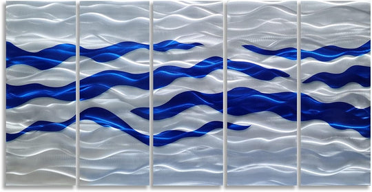 Abstract Coastal Metal Wall Art Handcrafted Big 3D Blue and Silver Artwork Modern Sea Waves Pictures Contemporary Sculpture for Living Room Bedroom Bathroom Decor