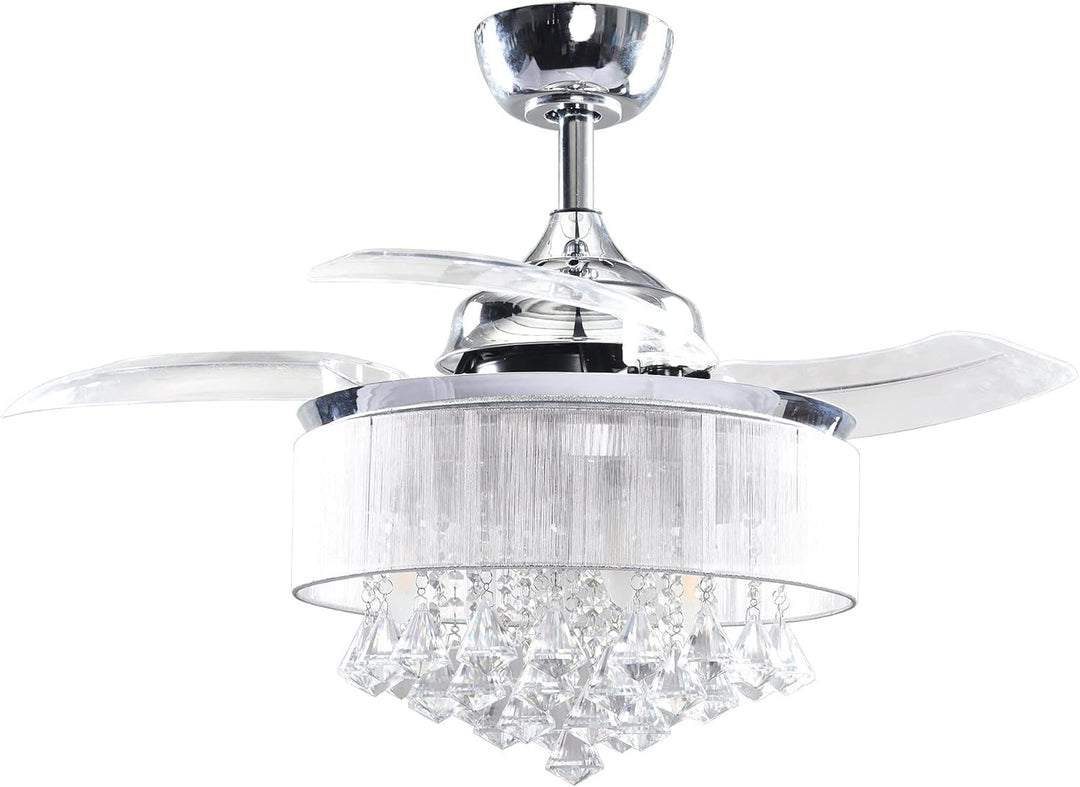 Ceiling Fans with Lights and Remote Crystal Chandelier Ceiling Fan with Light for Bedroom 3 Retractable Blades, 36 Inch, Silver
