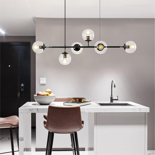 6-Light Clear Glass Globe Pendant Light Mid Century Modern Rectangular Sputnik Chandelier Vintage Black Linear Kitchen Island Dining Pendant Lighting Fixture