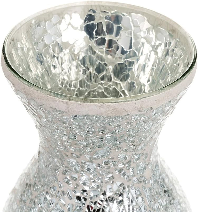 Large Vase Vases for Flowers Handmade Decorative Mosaic Glitter Sparkled Glass Gift Present Black White Silver 11" (Silver White, Small)