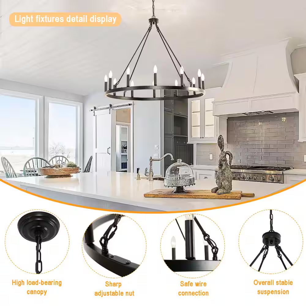12-Light Wagon Wheel Chandelier, 31 In. Black round Chandeliers Outdoor Porch Light Fixtures