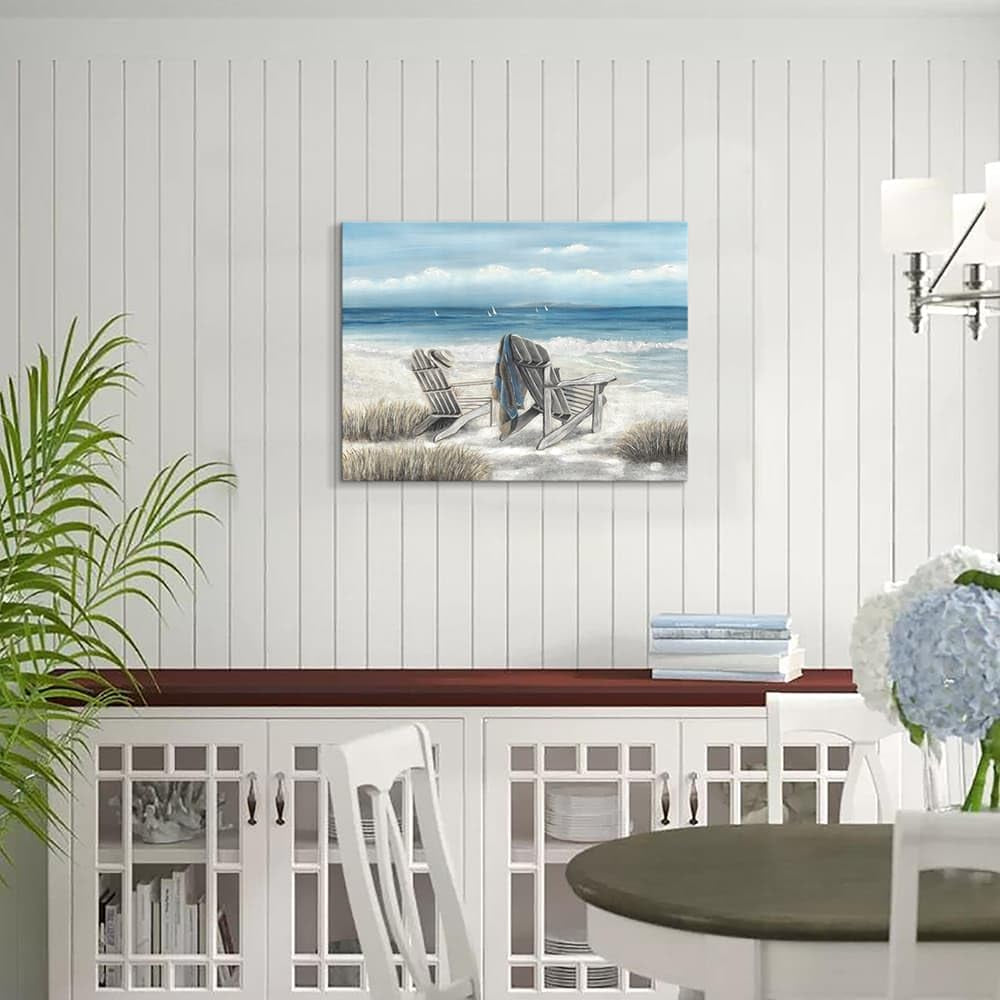 Abstract Seascape Canvas Wall Art: Beach Chair on Sand Painting Print for Bedroom (24" W X 18" H, Multiple Sizes/Material)