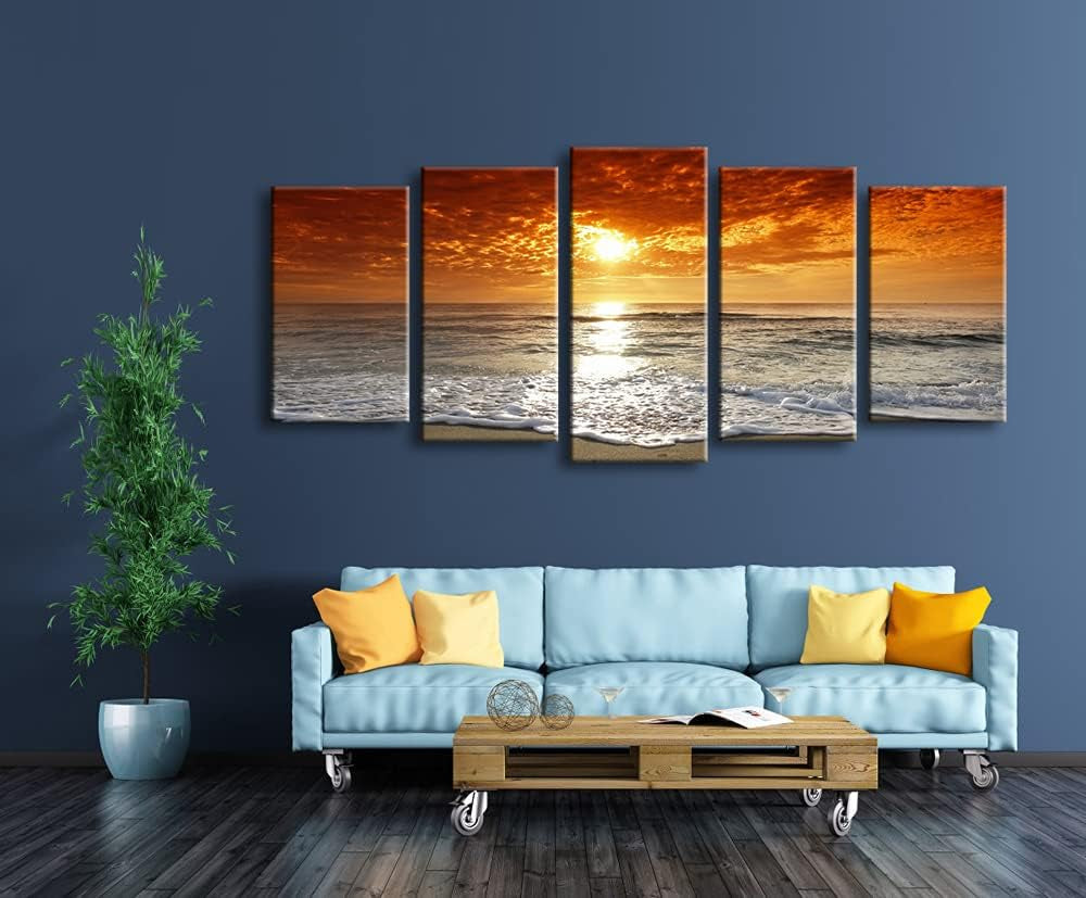 Grand Sight Extra Large 5 Panels Modern Landscape Artwork HD Seascape Giclee Canvas Prints Sea Beach Pictures to Photo Paintings on Canvas Wall Art for Home Decorations Wall Decor