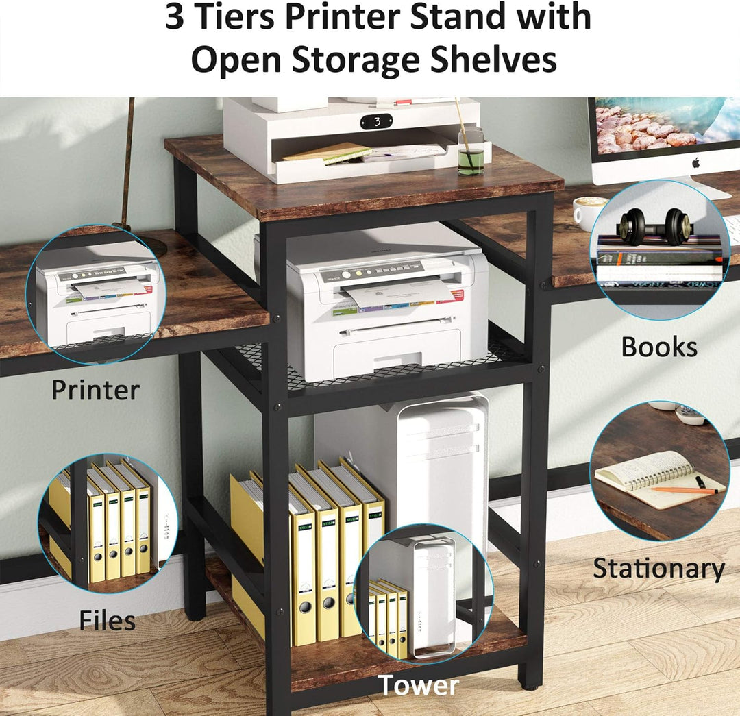 96.9" Double Computer Desk with Printer Shelf, Extra Long Two Person Desk Workstation with Storage Shelves, Large Office Desk Study Writing Table for Home Office, Dark Brown