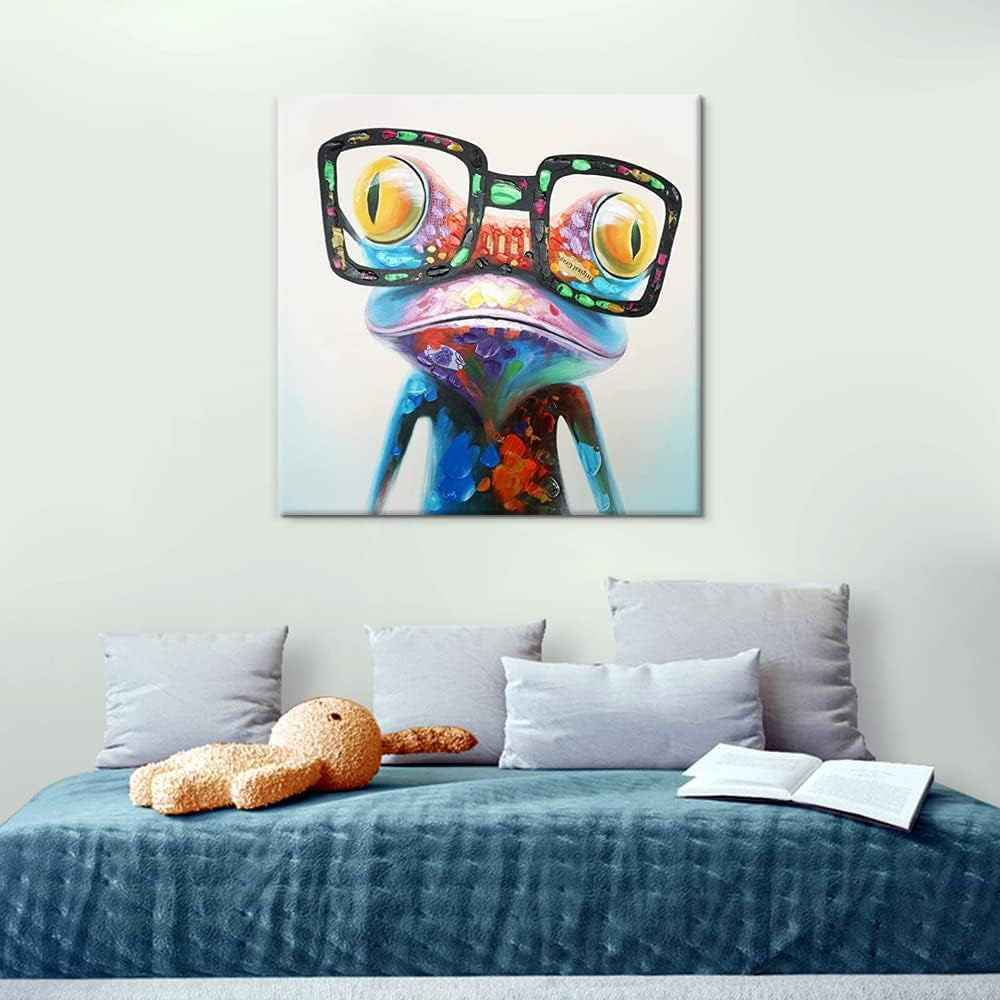 Frog Canvas Wall Art Colorful Animal Painting Pictures Happy Frog with Glasses Oil Painting Modern Framed Artwork for Bedroom Nursery Kids Room Office Decor 24"X24"