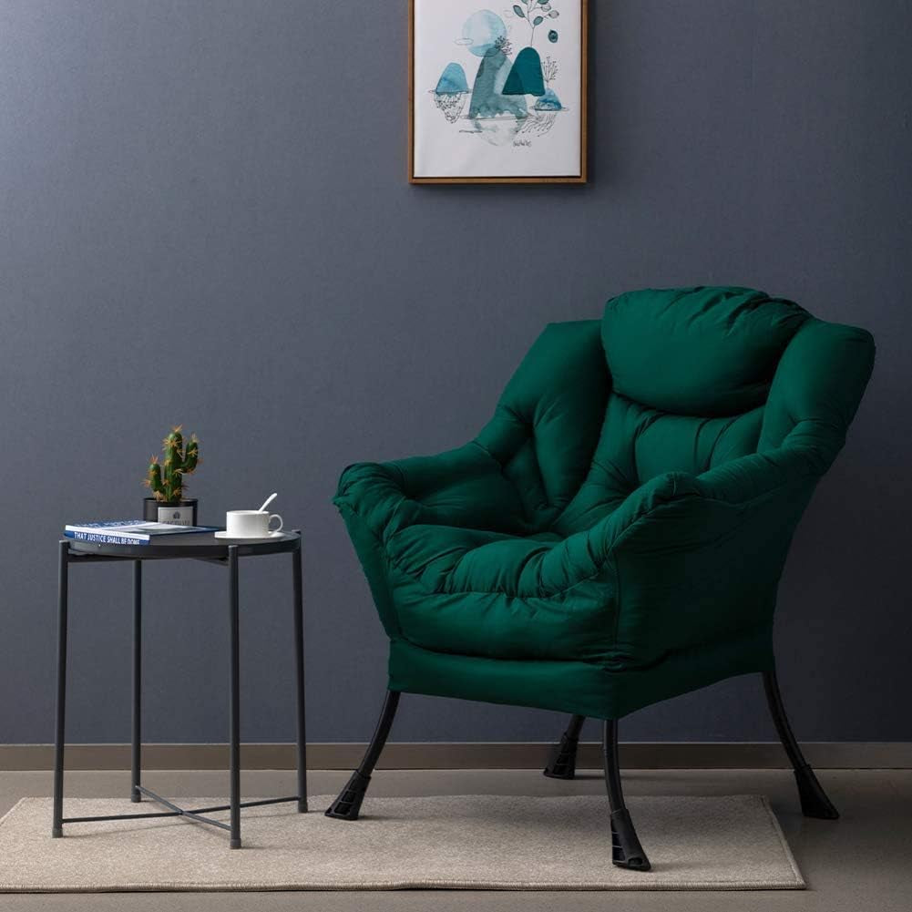 Modern Fabric Large Lazy Chair, Accent Oversized Comfy Reading Chair, Thick Padded Cozy Lounge Chair with Armrest, Steel Frame Leisure Sofa Chair for Living Room, Bedroom, Dorm, Green