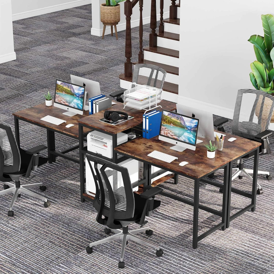 96.9" Double Computer Desk with Printer Shelf, Extra Long Two Person Desk Workstation with Storage Shelves, Large Office Desk Study Writing Table for Home Office, Dark Brown