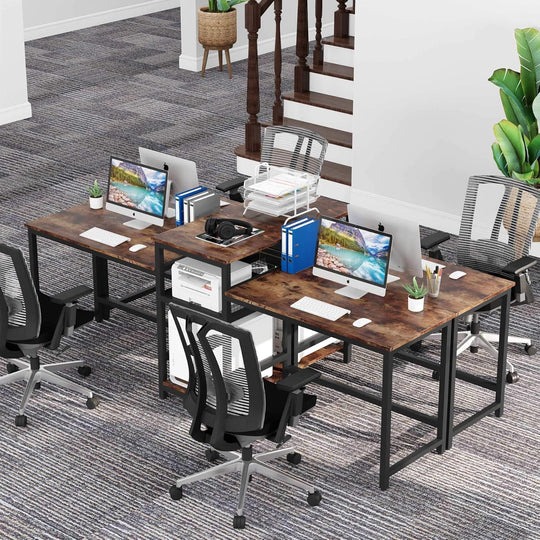 96.9" Double Computer Desk with Printer Shelf, Extra Long Two Person Desk Workstation with Storage Shelves, Large Office Desk Study Writing Table for Home Office, Dark Brown
