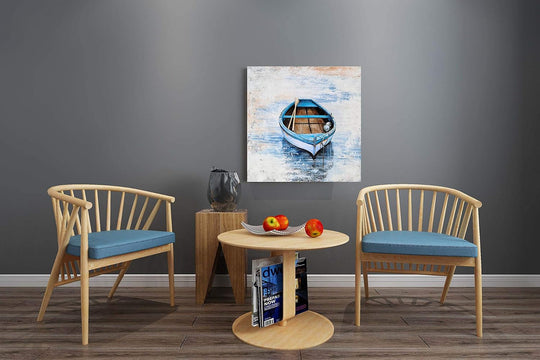 Coastal Canvas Wall Decor Hand Painted Light Blue Sailing Boat Painting Square Pictures Modern Abstract Nautical Artwork for Living Room Bedroom Bathroom Decoration