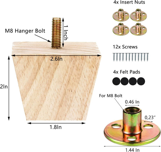 2 Inch Unfinished Wood Furniture Legs Pre-Drilled M8 Bolt Replacement Cabinet Couch Sofa Legs Feet Screw in Set of 4