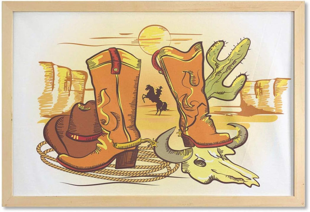 Western Wall Art with Frame, Illustration Old Wild West Elements Shoes and Image of Cowboy Print, Printed Fabric Poster for Bathroom Living Room Dorms, 35" X 23", Yellow Orange