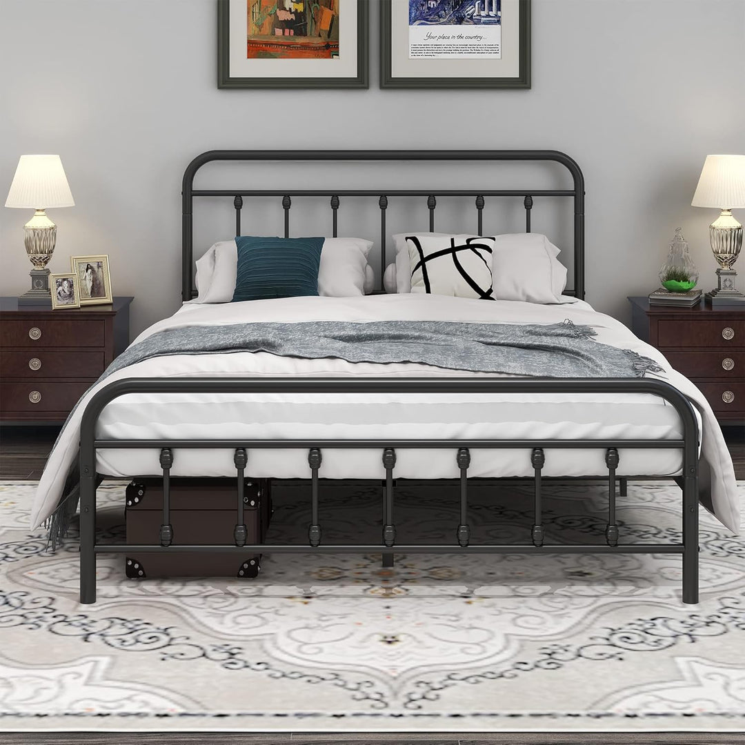 Metal Queen Bed Frame with Headboard and Footboard Farmhouse Platform Bed Frame Queen Size under Bed Storage No Box Spring Needed, Textured Black