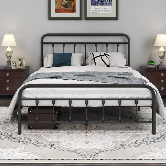 Metal Queen Bed Frame with Headboard and Footboard Farmhouse Platform Bed Frame Queen Size under Bed Storage No Box Spring Needed, Textured Black